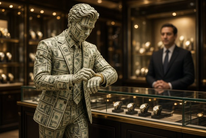 Money Man admiring a gold watch in an elegant watch boutique