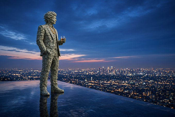 Money Man in a banknote suit holding a fancy glass on a rooftop