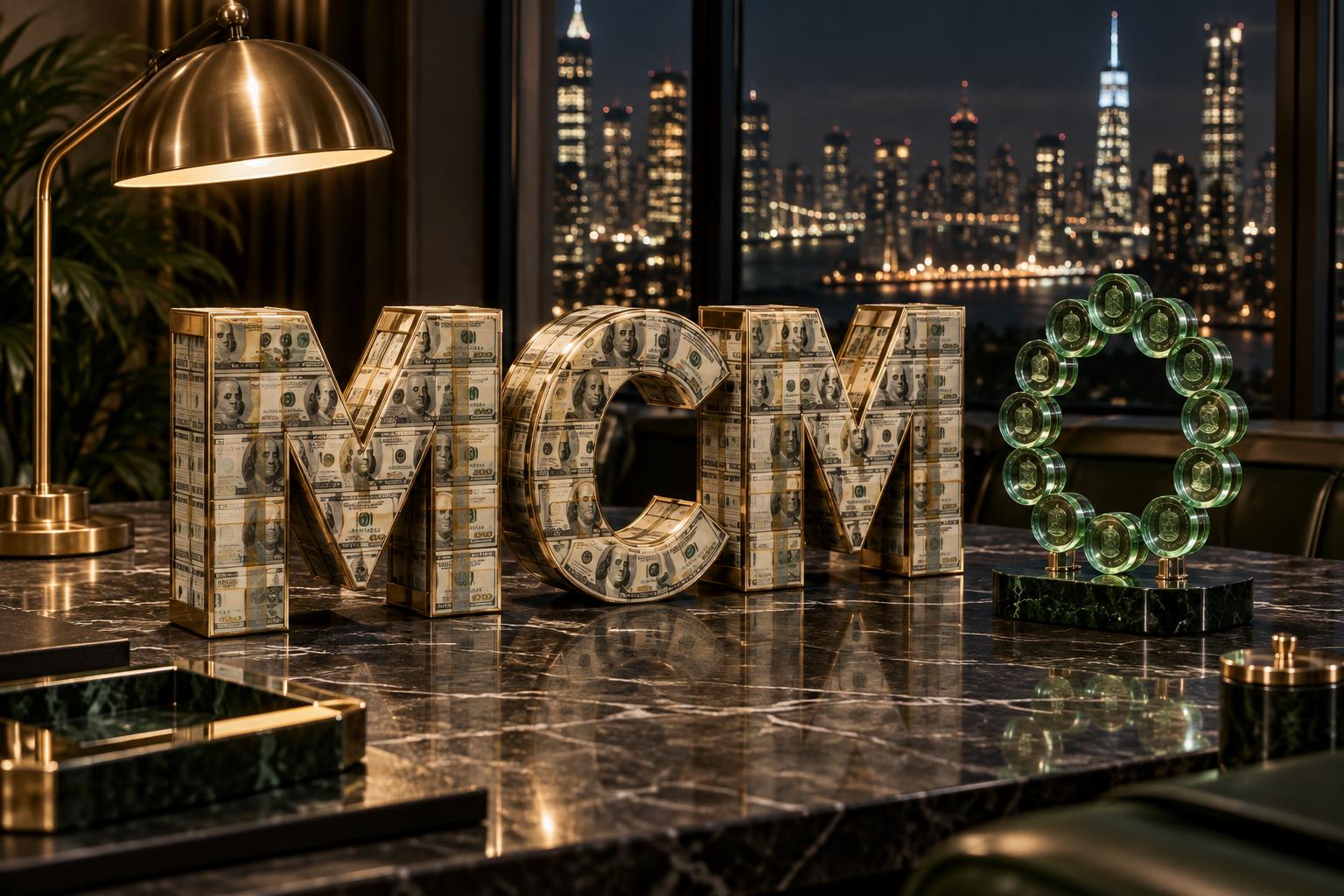 MCM banknote sculpture and a decorative coin ring on a marble table