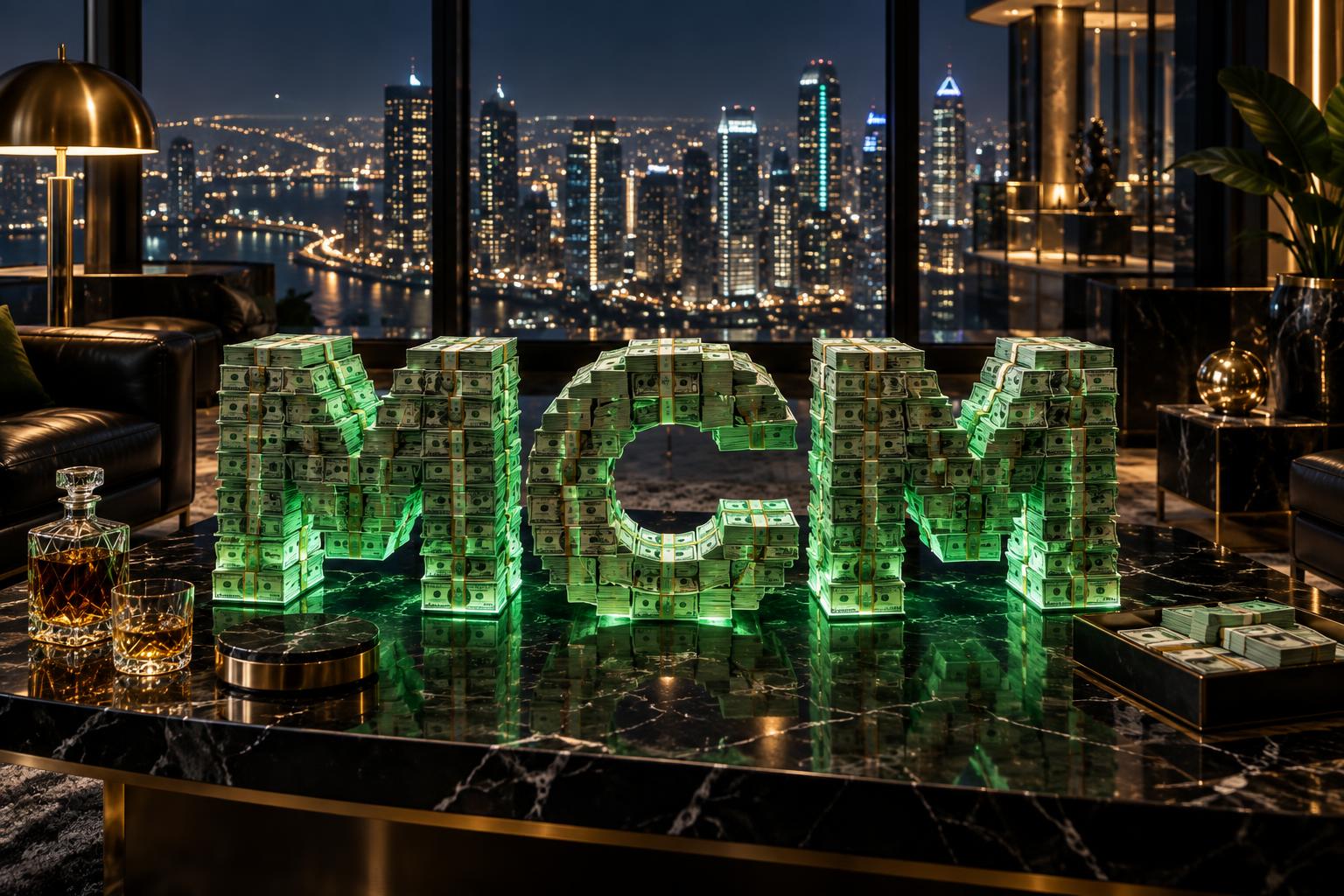 Cash-built MCM sculpture in a skyline-lit penthouse lounge