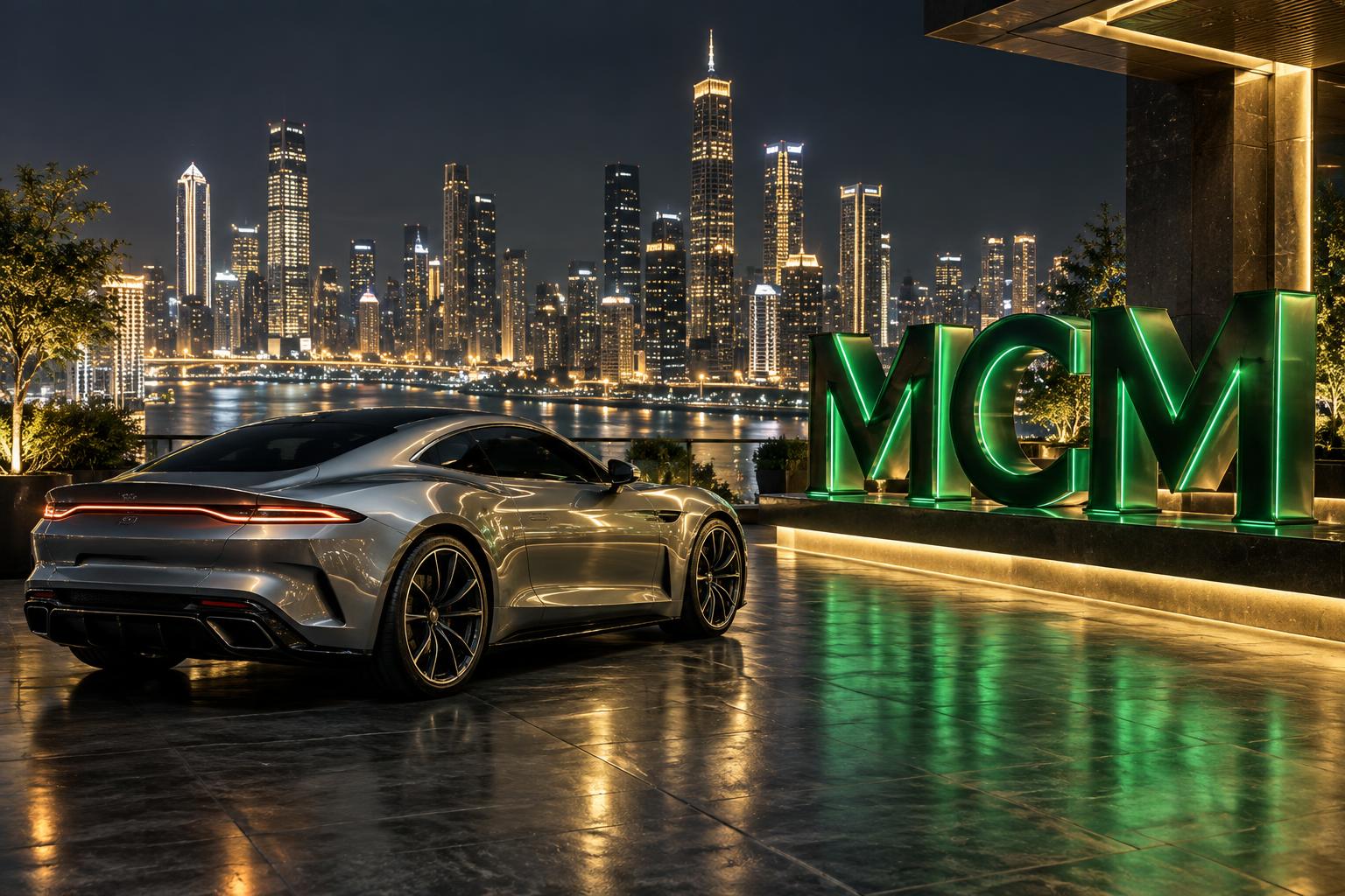 Silver sports coupe beside emerald MCM letters overlooking the city